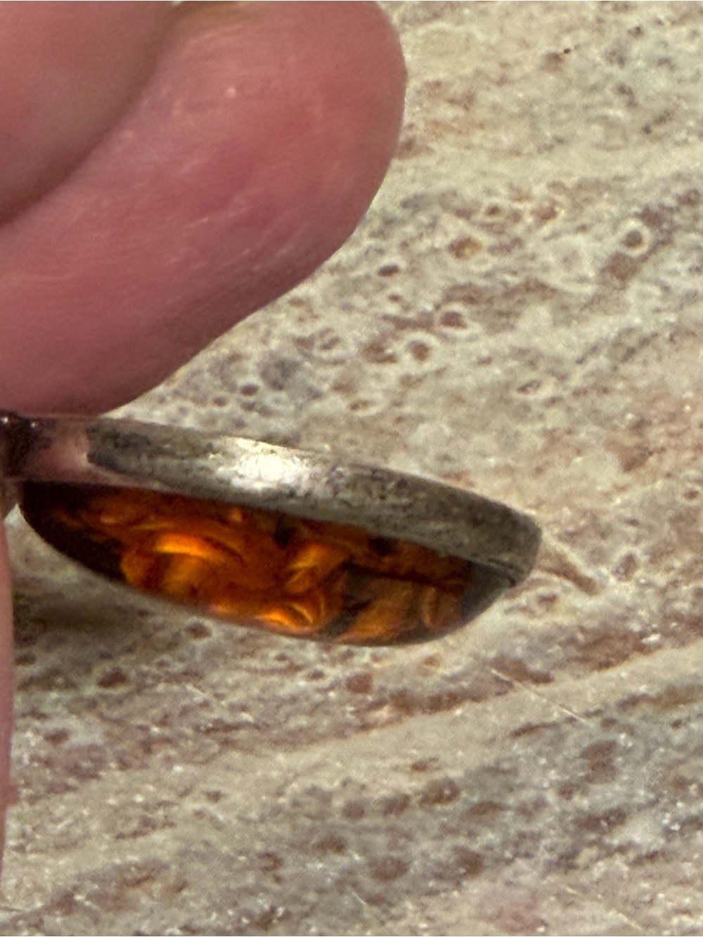 VintagePoland Sterling Silver Oval Amber? Possibly?Cabochon With Flowers Pendant - Picture 8 of 11